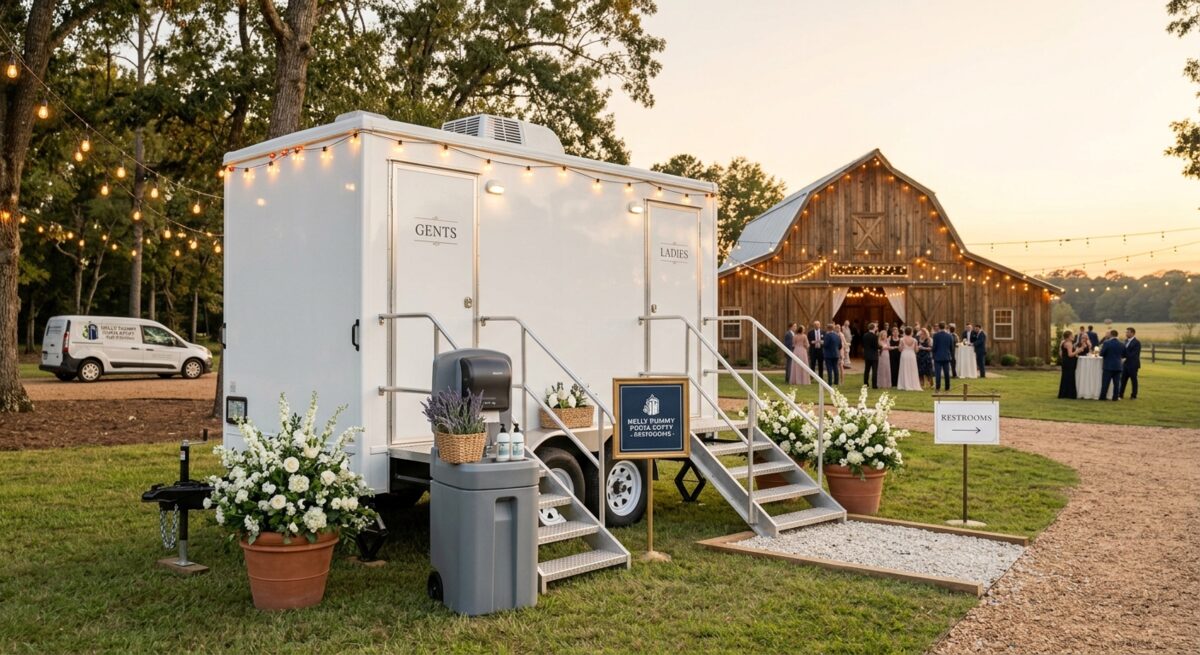 Deluxe restroom rentals prepared for a Midlands outdoor wedding